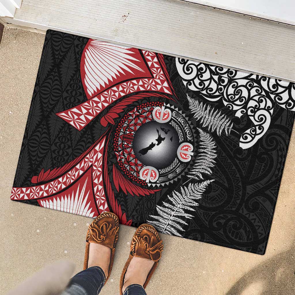 Tonga and New Zealand Together Rubber Doormat Ngatu Art Tribal Maori Tattoo and Silver Fern
