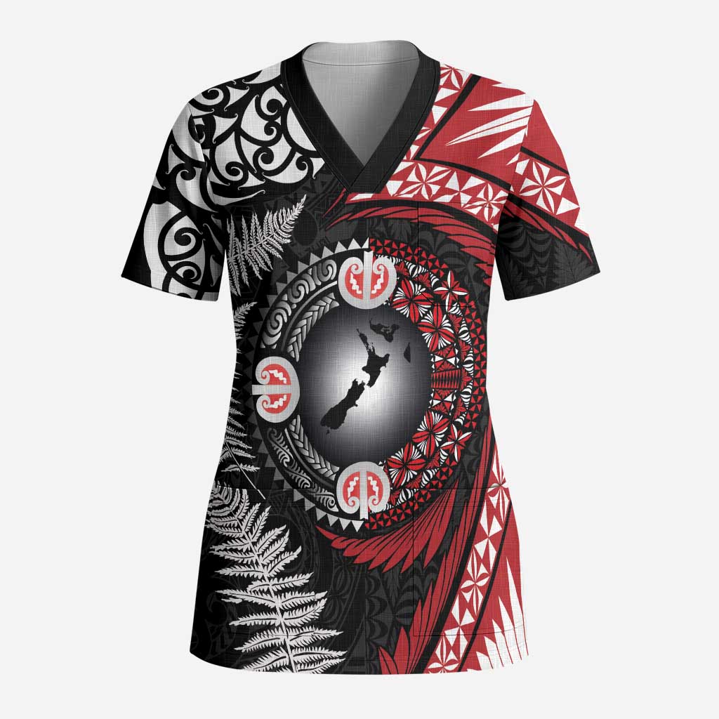 Tonga and New Zealand Together Scrub Top Ngatu Art Tribal Maori Tattoo and Silver Fern - Polynesian Pride