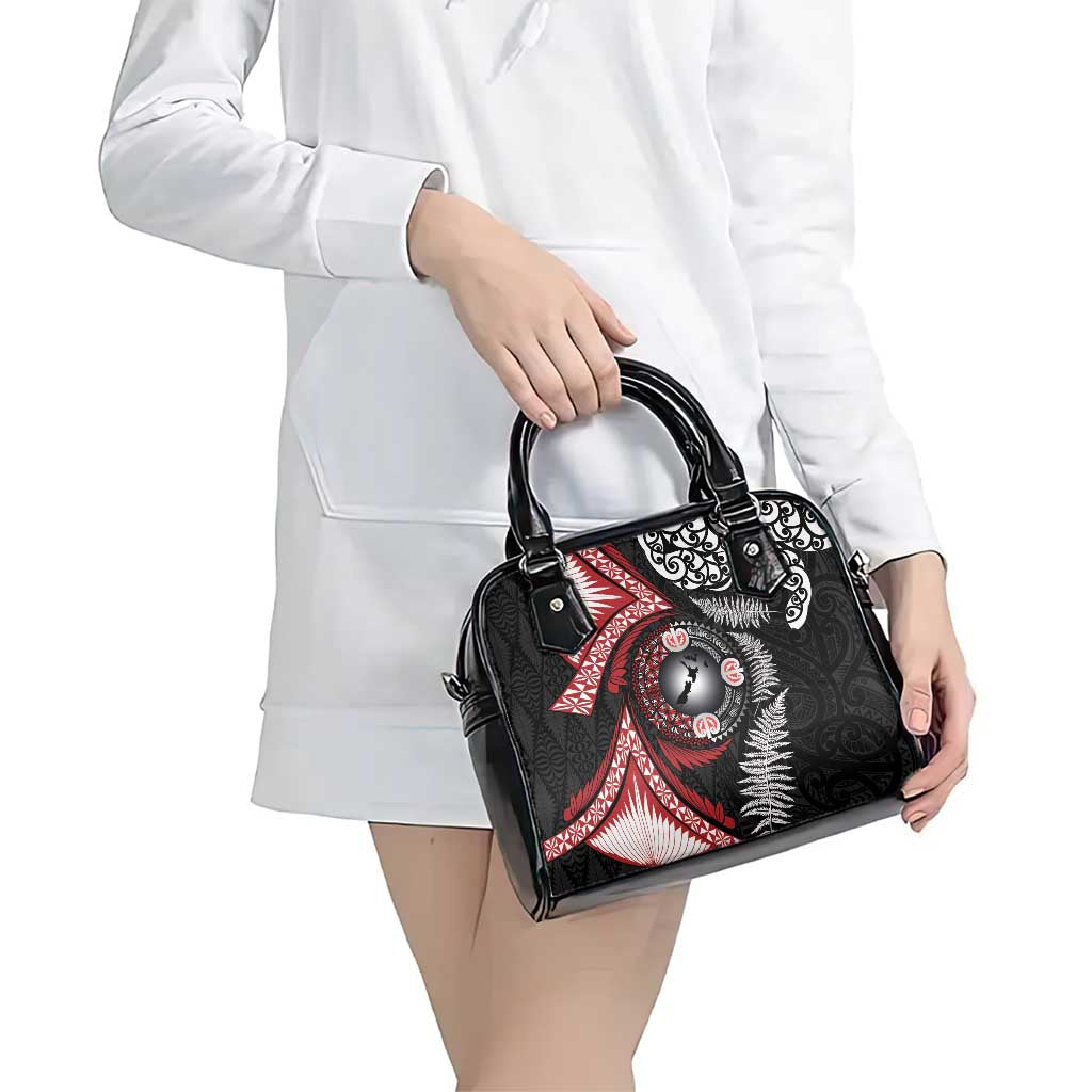Tonga and New Zealand Together Shoulder Handbag Ngatu Art Tribal Maori Tattoo and Silver Fern