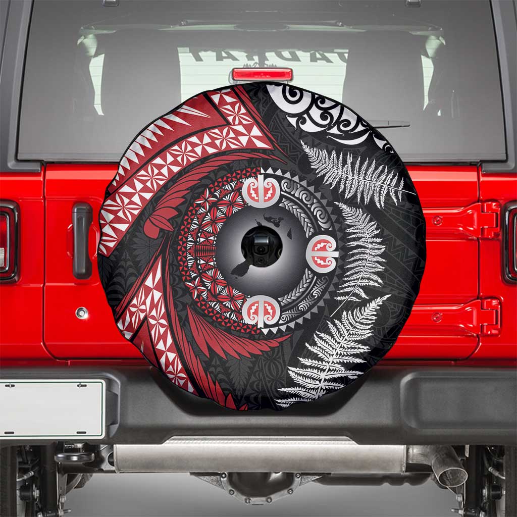 Tonga and New Zealand Together Spare Tire Cover Ngatu Art Tribal Maori Tattoo and Silver Fern