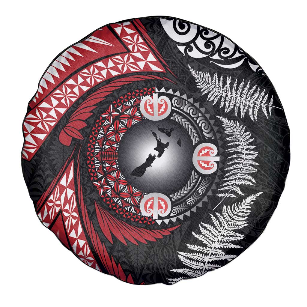 Tonga and New Zealand Together Spare Tire Cover Ngatu Art Tribal Maori Tattoo and Silver Fern