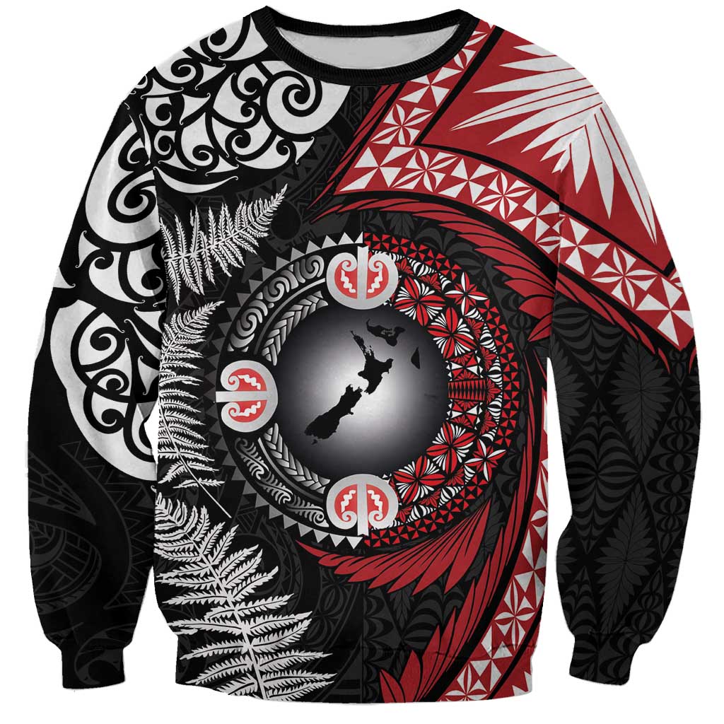 Tonga and New Zealand Together Sweatshirt Ngatu Art Tribal Maori Tattoo and Silver Fern