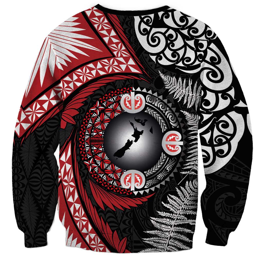 Tonga and New Zealand Together Sweatshirt Ngatu Art Tribal Maori Tattoo and Silver Fern