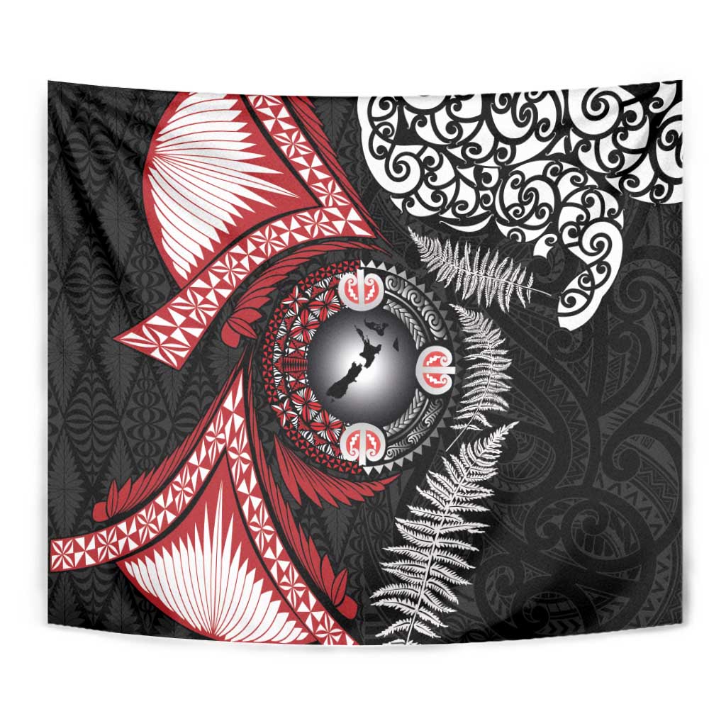 Tonga and New Zealand Together Tapestry Ngatu Art Tribal Maori Tattoo and Silver Fern