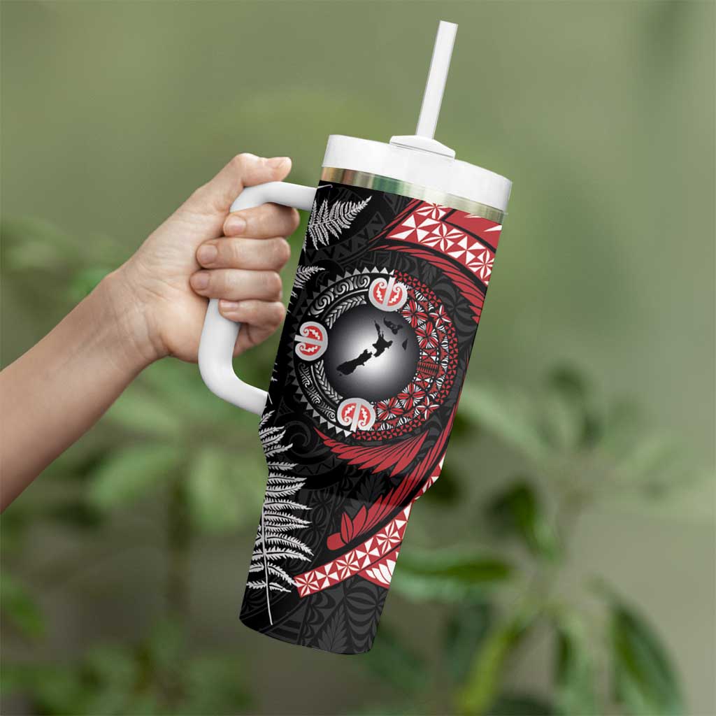 Tonga and New Zealand Together Tumbler With Handle Ngatu Art Tribal-Maori Tattoo and Silver Fern