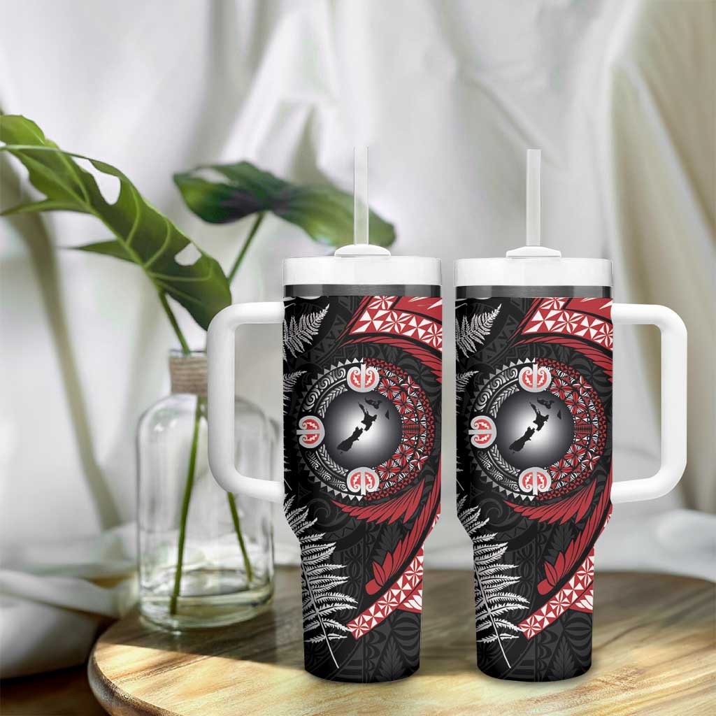 Tonga and New Zealand Together Tumbler With Handle Ngatu Art Tribal-Maori Tattoo and Silver Fern