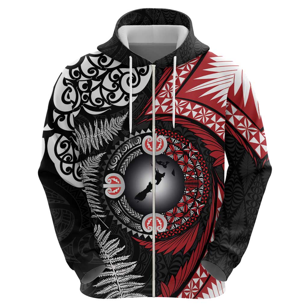 Tonga and New Zealand Together Zip Hoodie Ngatu Art Tribal Maori Tattoo and Silver Fern