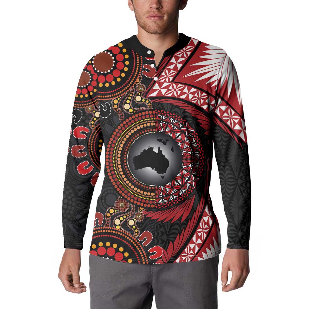 Tonga and Australia Together Button Sweatshirt Ngatu Art Tribal Aboriginal Tattoo Pattern