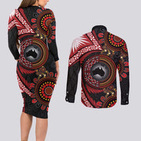 Tonga and Australia Together Couples Matching Long Sleeve Bodycon Dress and Long Sleeve Button Shirt Ngatu Art Tribal Aboriginal Tattoo Pattern