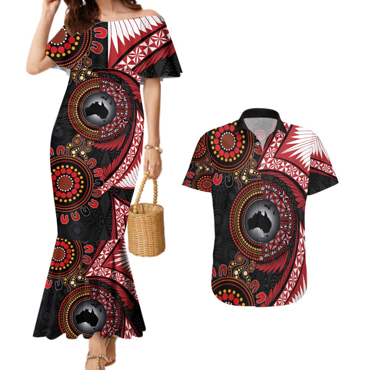 Tonga and Australia Together Couples Matching Mermaid Dress and Hawaiian Shirt Ngatu Art Tribal Aboriginal Tattoo Pattern
