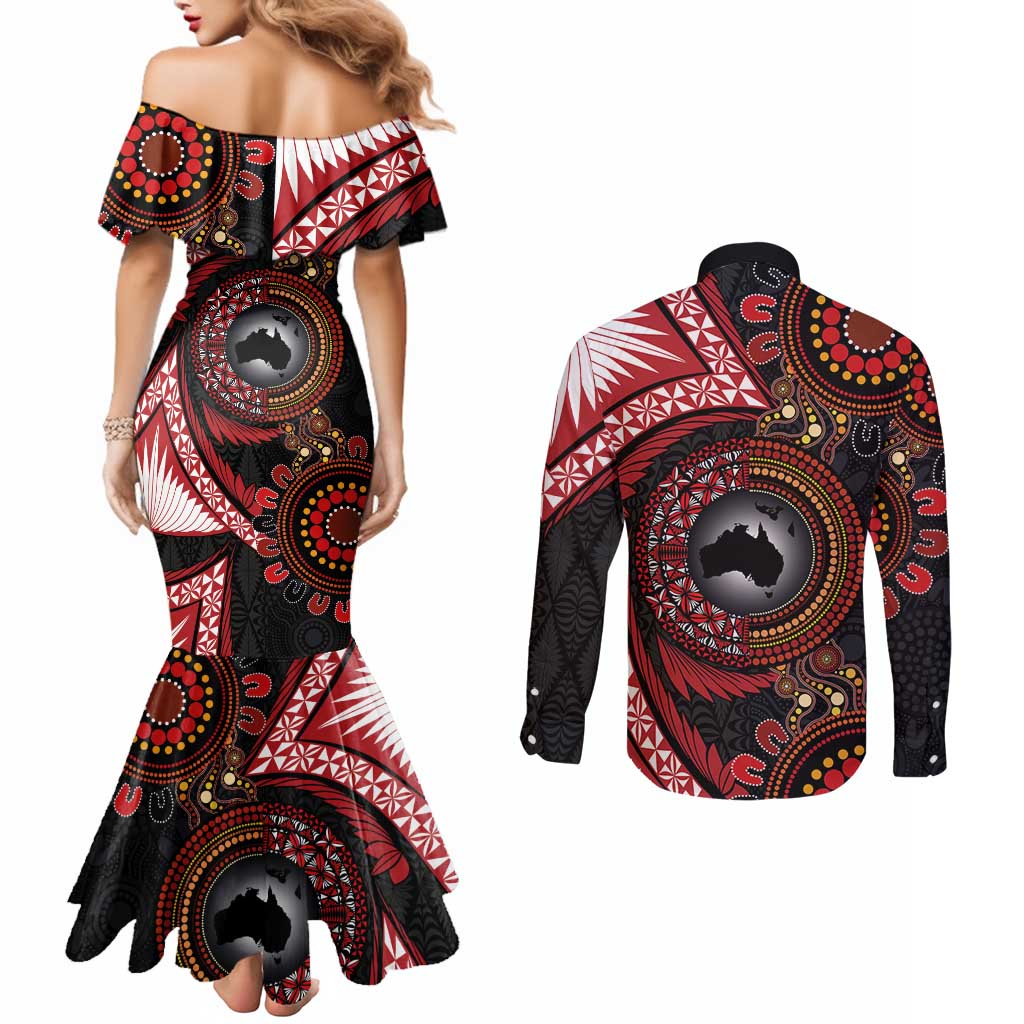Tonga and Australia Together Couples Matching Mermaid Dress and Long Sleeve Button Shirt Ngatu Art Tribal Aboriginal Tattoo Pattern