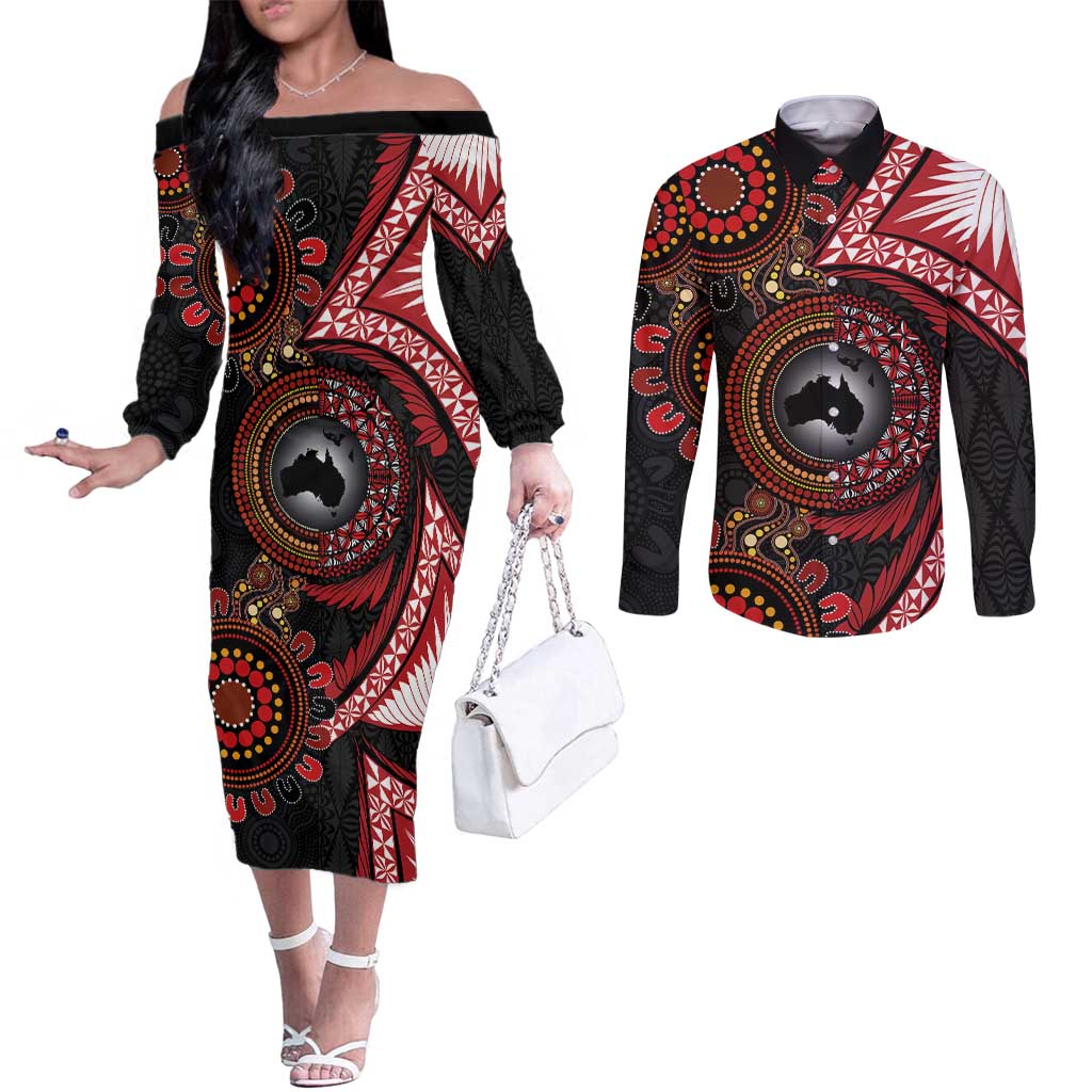 Tonga and Australia Together Couples Matching Off The Shoulder Long Sleeve Dress and Long Sleeve Button Shirt Ngatu Art Tribal Aboriginal Tattoo Pattern