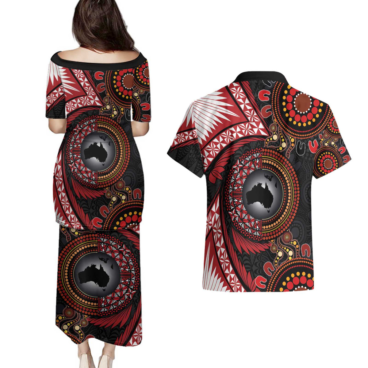 Tonga and Australia Together Couples Matching Puletasi and Hawaiian Shirt Ngatu Art Tribal Aboriginal Tattoo Pattern