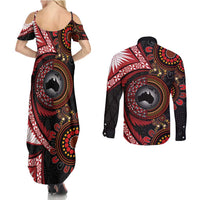 Tonga and Australia Together Couples Matching Summer Maxi Dress and Long Sleeve Button Shirt Ngatu Art Tribal Aboriginal Tattoo Pattern