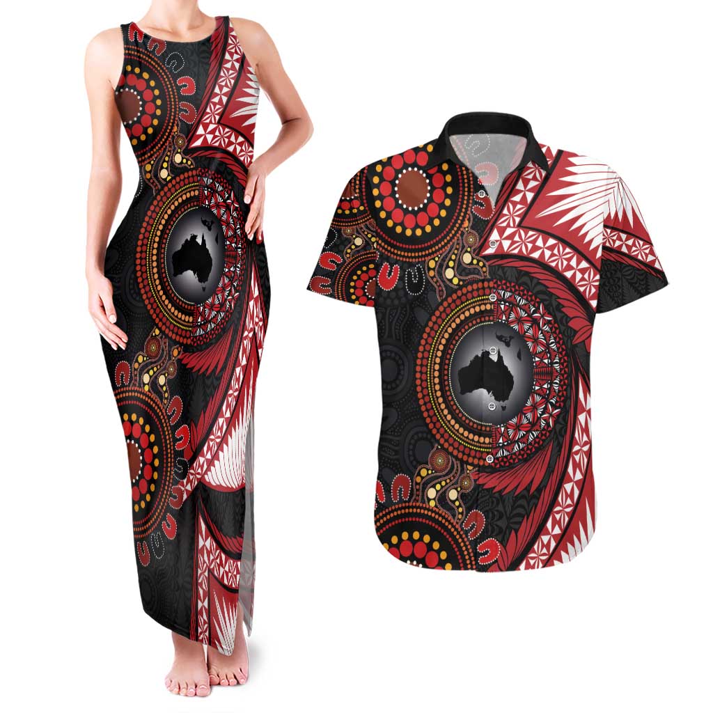 Tonga and Australia Together Couples Matching Tank Maxi Dress and Hawaiian Shirt Ngatu Art Tribal Aboriginal Tattoo Pattern