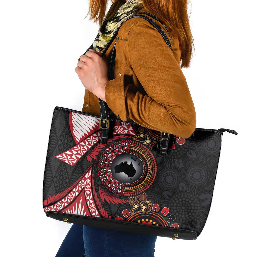 Tonga and Australia Together Leather Tote Bag Ngatu Art Tribal Aboriginal Tattoo Pattern
