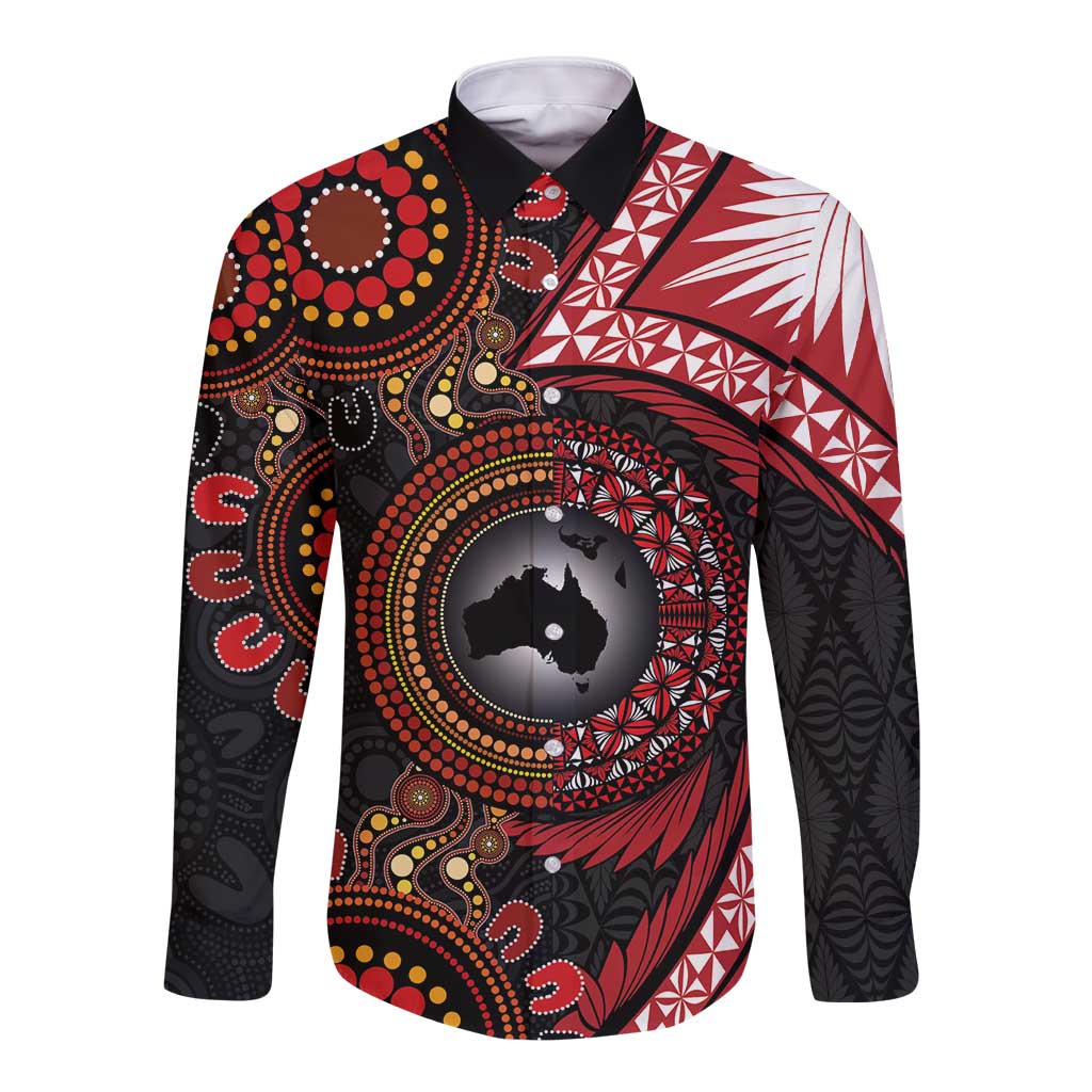 Tonga and Australia Together Long Sleeve Button Shirt Ngatu Art Tribal Aboriginal Tattoo Pattern
