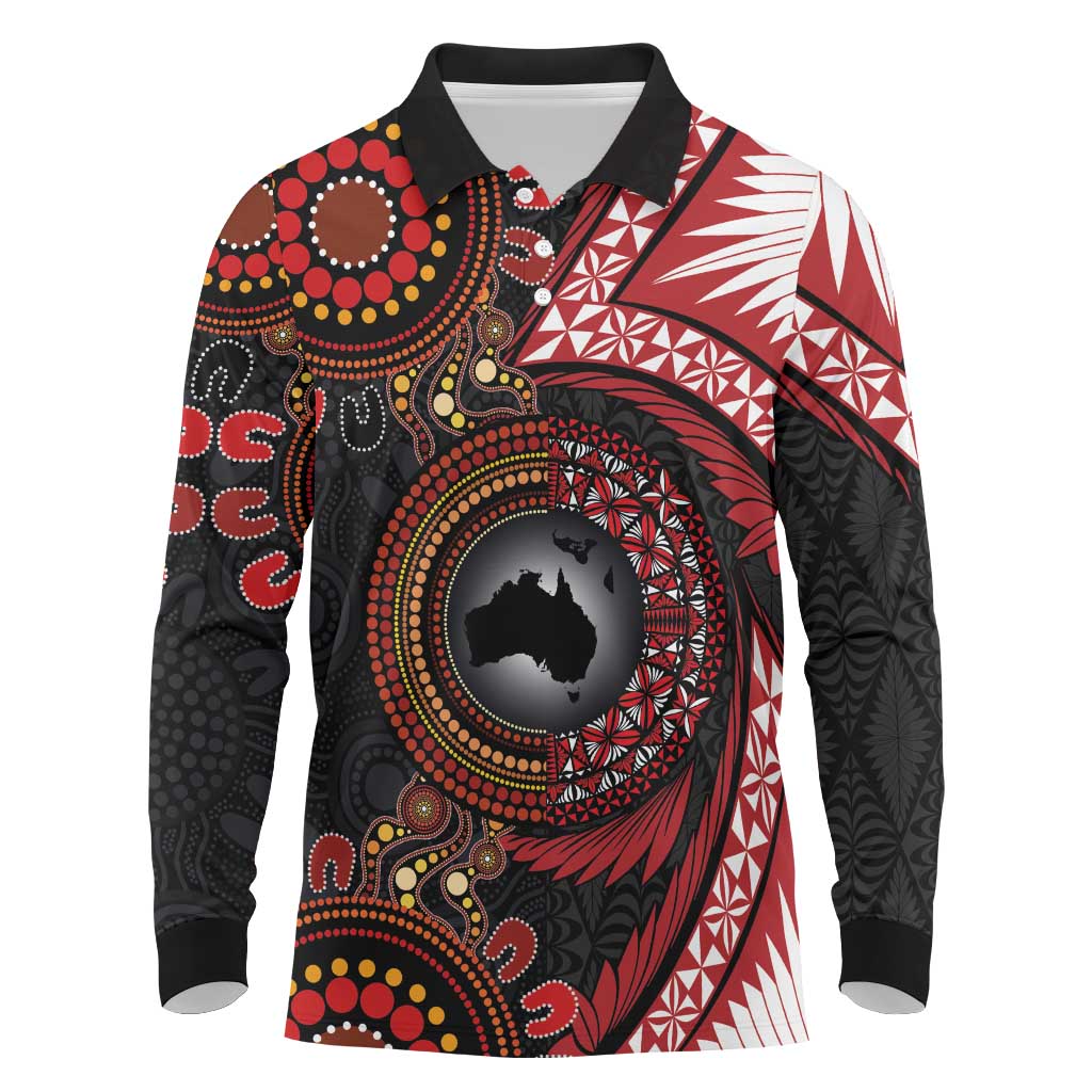 Tonga and Australia Together Long Sleeve Polo Shirt Ngatu Art Tribal Aboriginal Tattoo Pattern