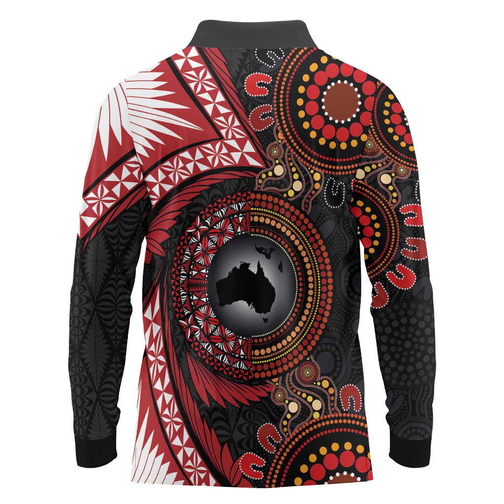 Tonga and Australia Together Long Sleeve Polo Shirt Ngatu Art Tribal Aboriginal Tattoo Pattern