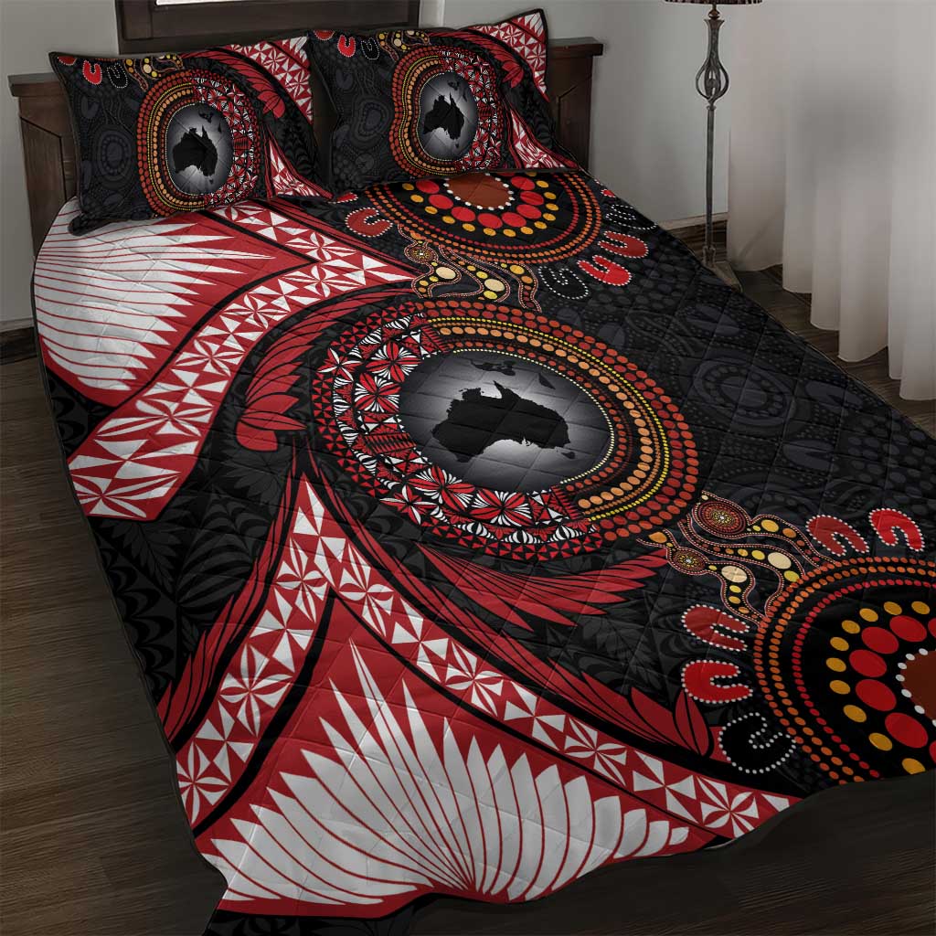 Tonga and Australia Together Quilt Bed Set Ngatu Art Tribal Aboriginal Tattoo Pattern LT03 Black - Polynesian Pride