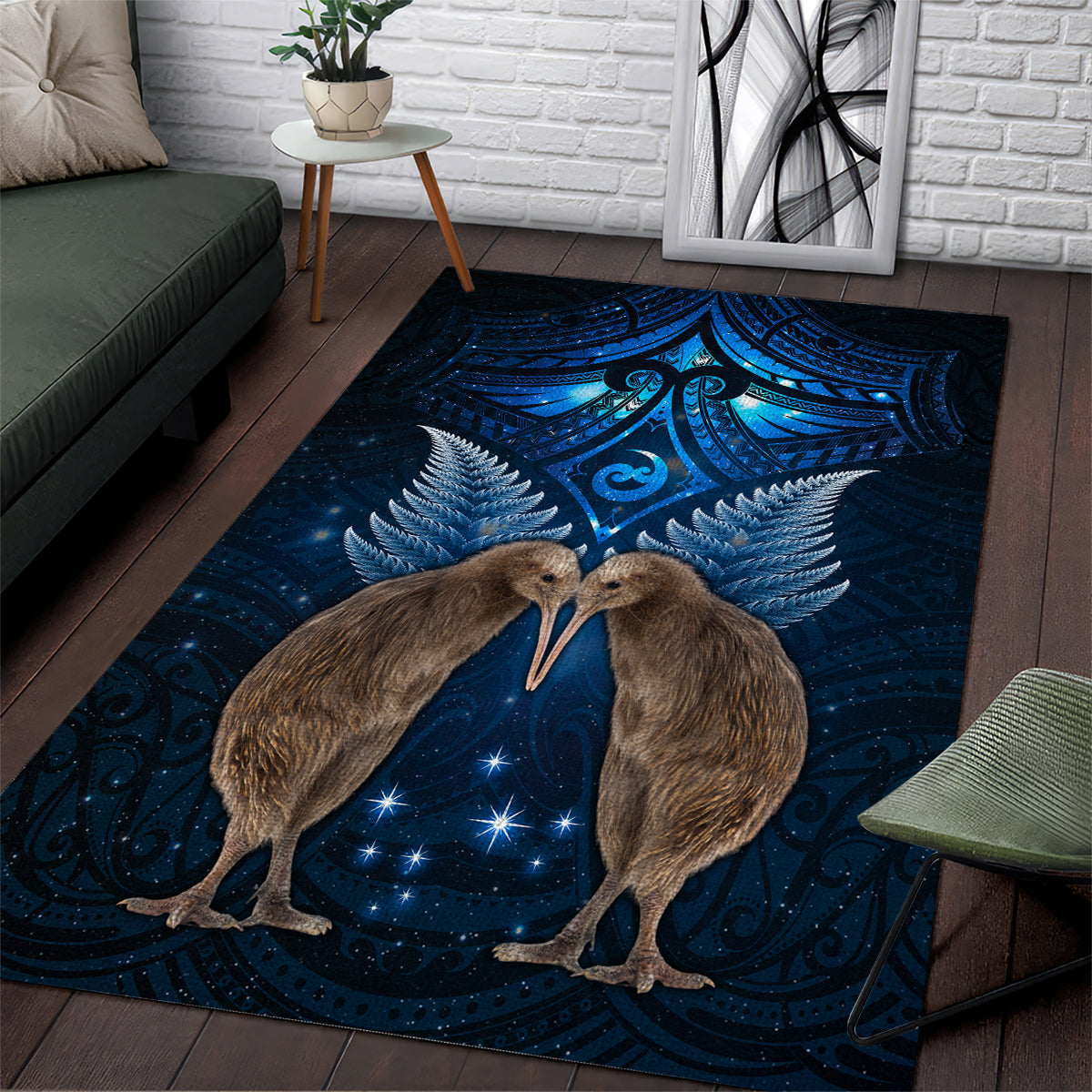New Zealand Maori Matariki Area Rug Hongi Kiwi Bird and Silver Fern LT03 Blue - Polynesian Pride