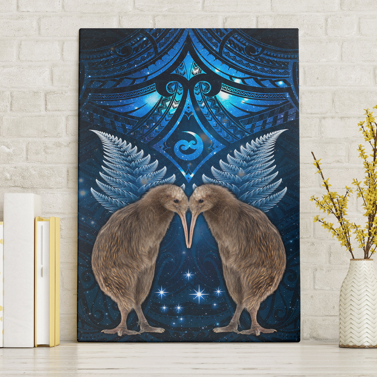 New Zealand Maori Matariki Canvas Wall Art Hongi Kiwi Bird and Silver Fern LT03 Without Frame Blue - Polynesian Pride