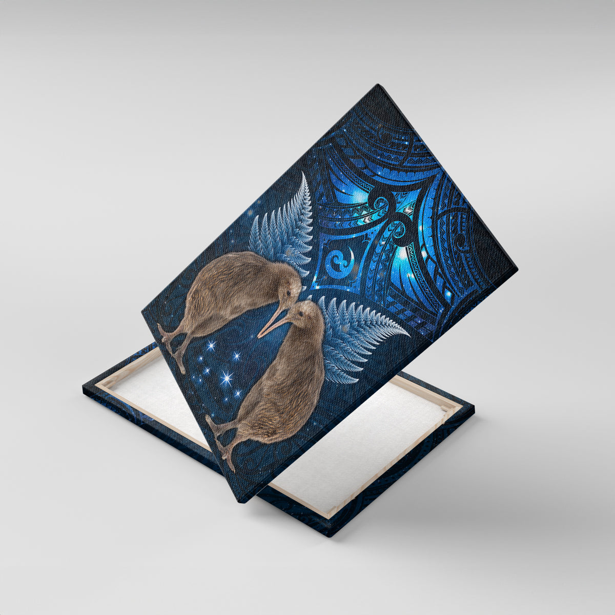 New Zealand Maori Matariki Canvas Wall Art Hongi Kiwi Bird and Silver Fern LT03 With Frame Blue - Polynesian Pride