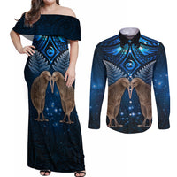 New Zealand Maori Matariki Couples Matching Off Shoulder Maxi Dress and Long Sleeve Button Shirt Hongi Kiwi Bird and Silver Fern LT03 Blue - Polynesian Pride