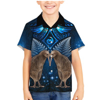 New Zealand Maori Matariki Family Matching Mermaid Dress and Hawaiian Shirt Hongi Kiwi Bird and Silver Fern LT03 Son's Shirt Blue - Polynesian Pride