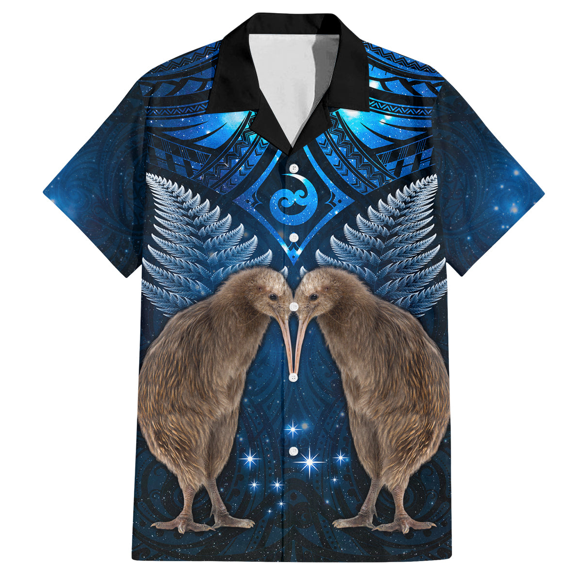 New Zealand Maori Matariki Family Matching Off Shoulder Short Dress and Hawaiian Shirt Hongi Kiwi Bird and Silver Fern LT03 Dad's Shirt - Short Sleeve Blue - Polynesian Pride