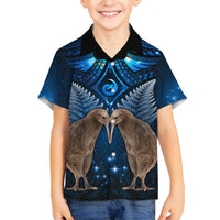 New Zealand Maori Matariki Family Matching Off Shoulder Short Dress and Hawaiian Shirt Hongi Kiwi Bird and Silver Fern LT03 Son's Shirt Blue - Polynesian Pride