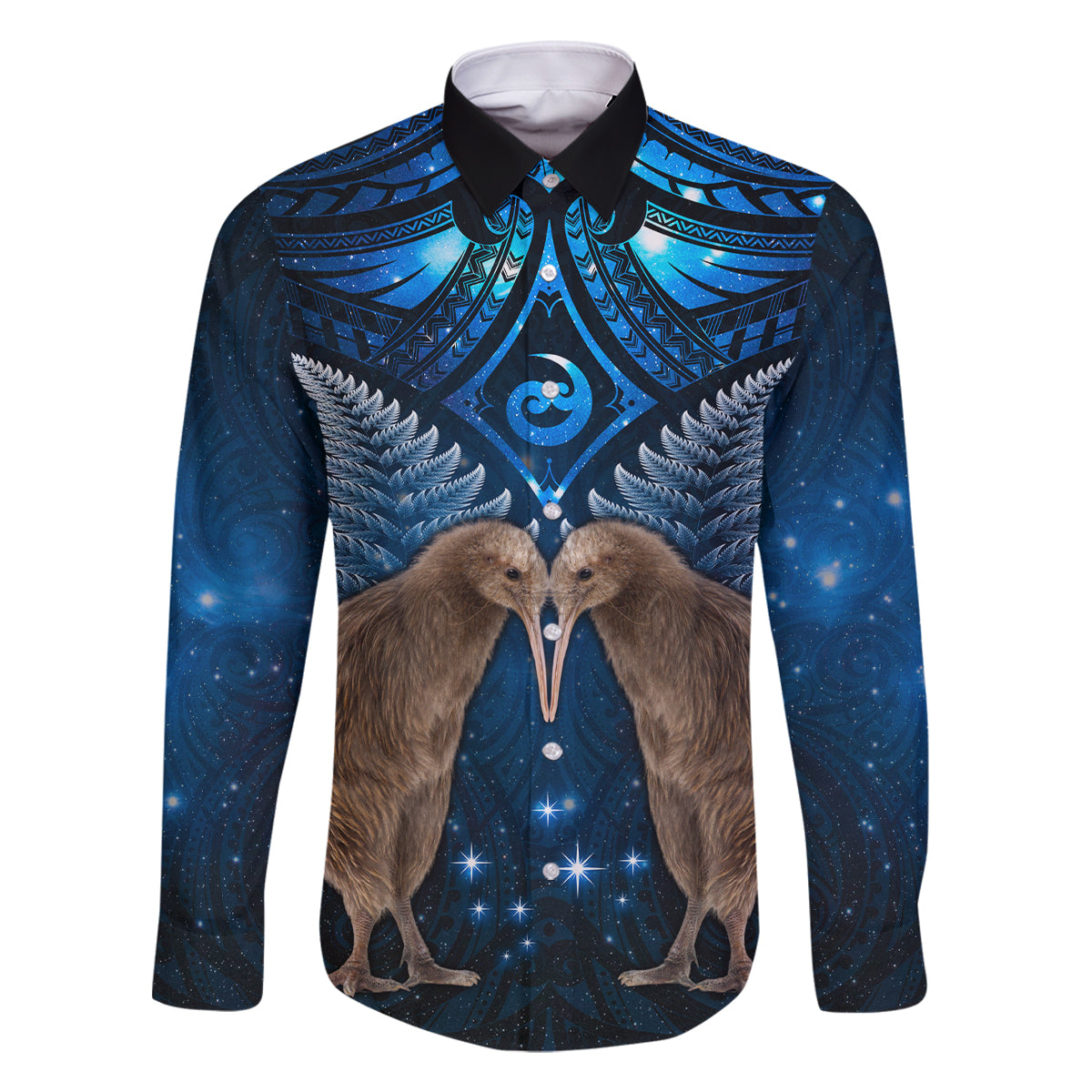 New Zealand Maori Matariki Family Matching Tank Maxi Dress and Hawaiian Shirt Hongi Kiwi Bird and Silver Fern LT03 Dad's Shirt - Long Sleeve Blue - Polynesian Pride