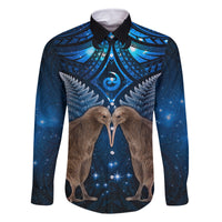 New Zealand Maori Matariki Family Matching Tank Maxi Dress and Hawaiian Shirt Hongi Kiwi Bird and Silver Fern LT03 Dad's Shirt - Long Sleeve Blue - Polynesian Pride