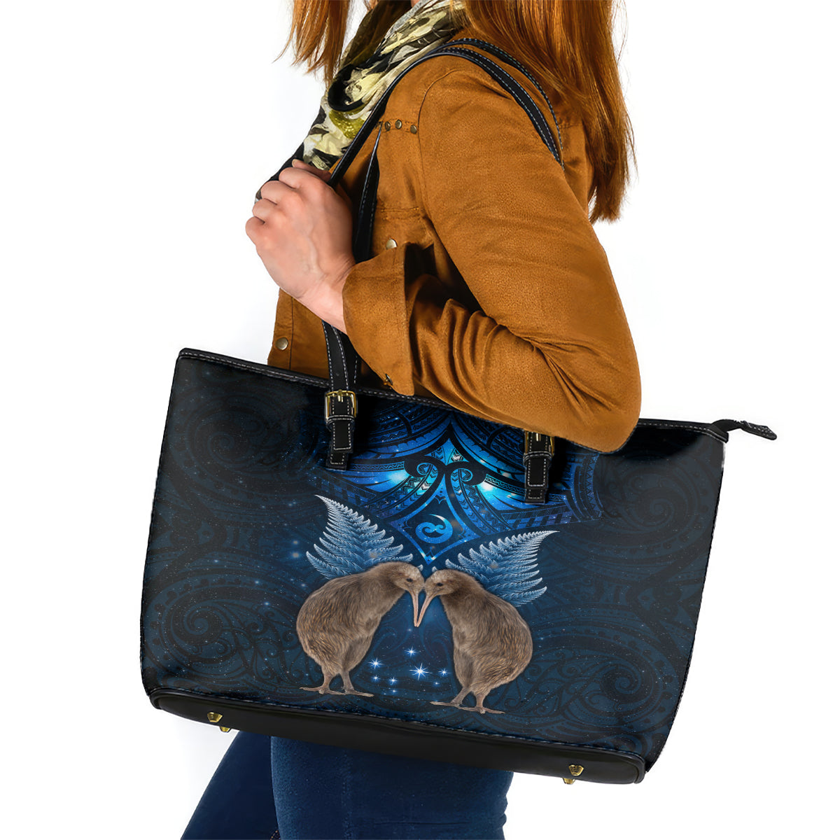 New Zealand Maori Matariki Leather Tote Bag Hongi Kiwi Bird and Silver Fern LT03 Blue - Polynesian Pride