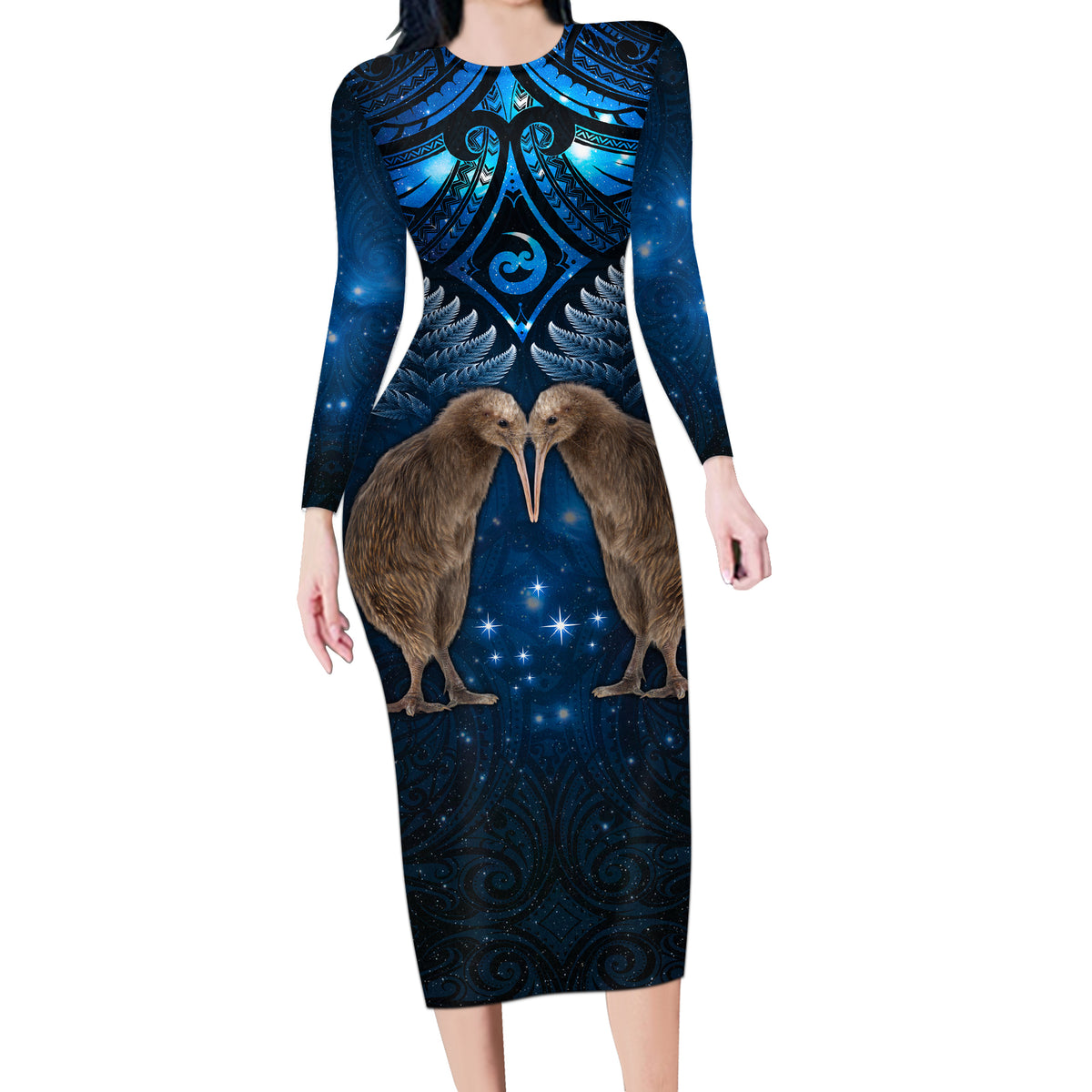 New Zealand Maori Matariki Long Sleeve Bodycon Dress Hongi Kiwi Bird and Silver Fern LT03 Long Dress Blue - Polynesian Pride