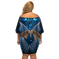 New Zealand Maori Matariki Off Shoulder Short Dress Hongi Kiwi Bird and Silver Fern LT03