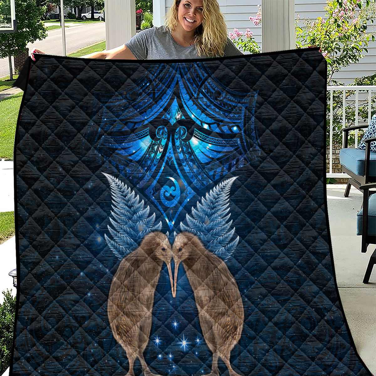 New Zealand Maori Matariki Quilt Hongi Kiwi Bird and Silver Fern LT03 Blue - Polynesian Pride