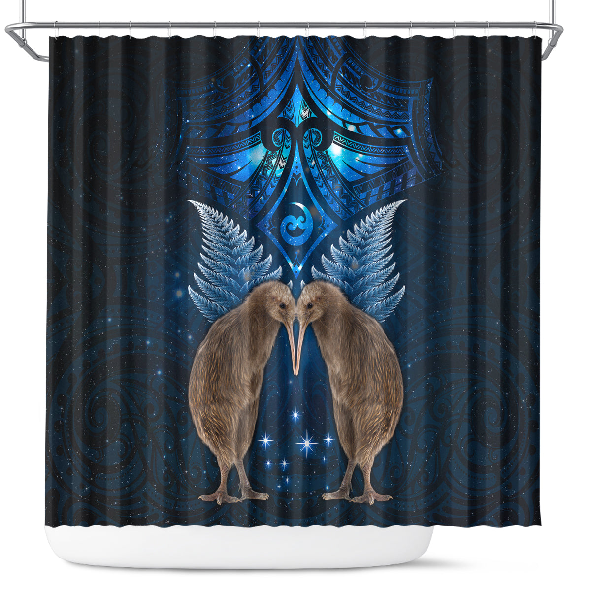 New Zealand Maori Matariki Shower Curtain Hongi Kiwi Bird and Silver Fern LT03 Blue - Polynesian Pride