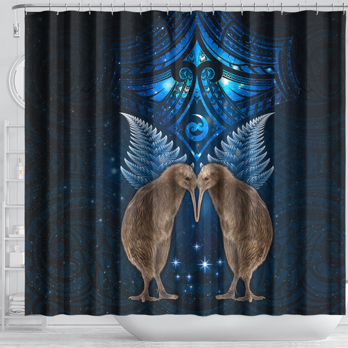 New Zealand Maori Matariki Shower Curtain Hongi Kiwi Bird and Silver Fern LT03 - Polynesian Pride