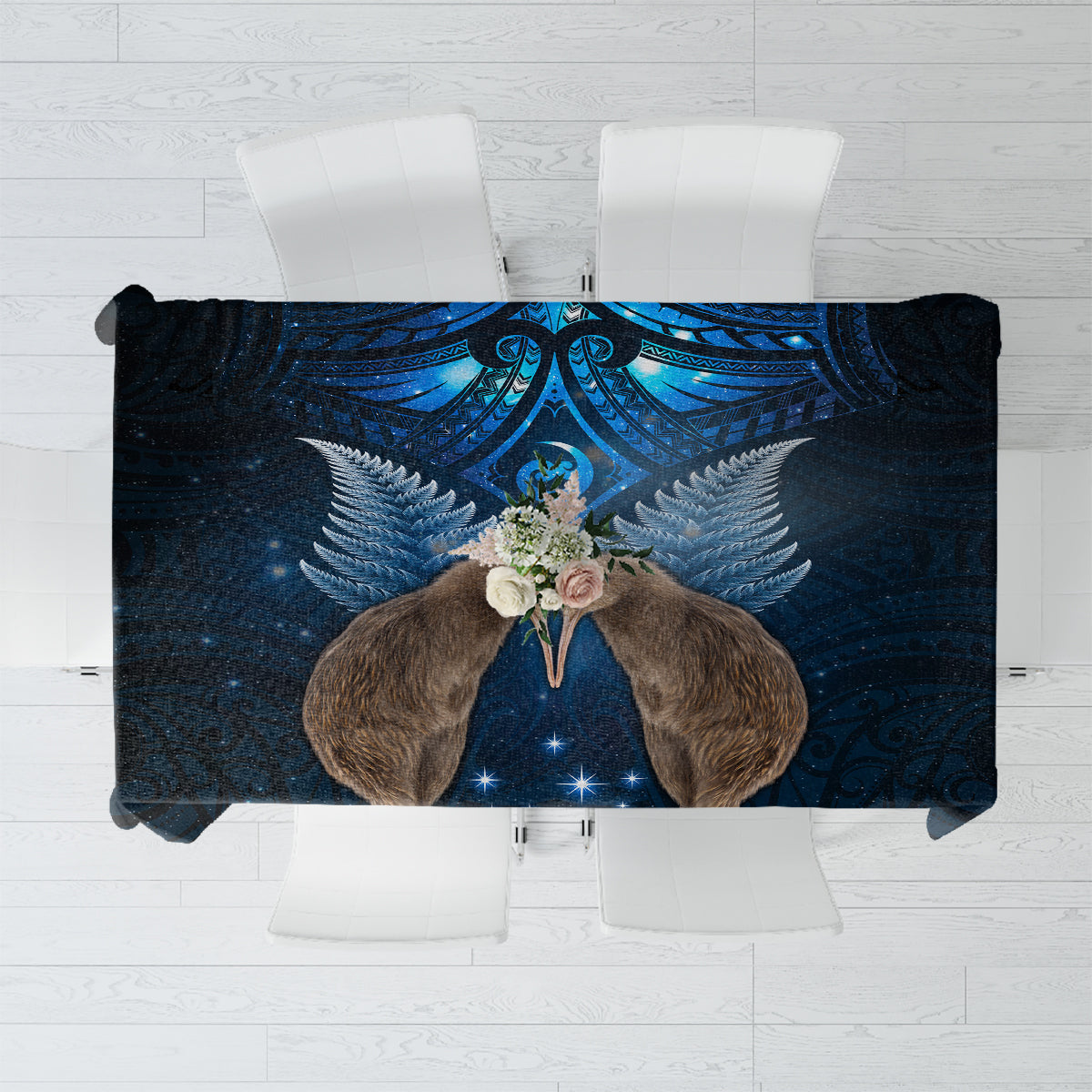 New Zealand Maori Matariki Tablecloth Hongi Kiwi Bird and Silver Fern LT03 Blue - Polynesian Pride