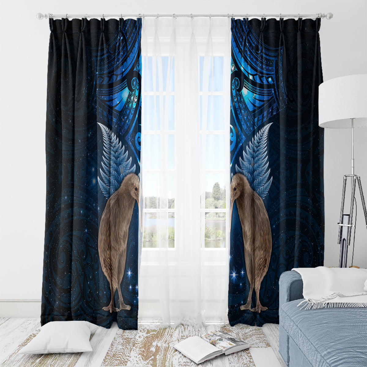 New Zealand Maori Matariki Window Curtain Hongi Kiwi Bird and Silver Fern LT03 - Polynesian Pride