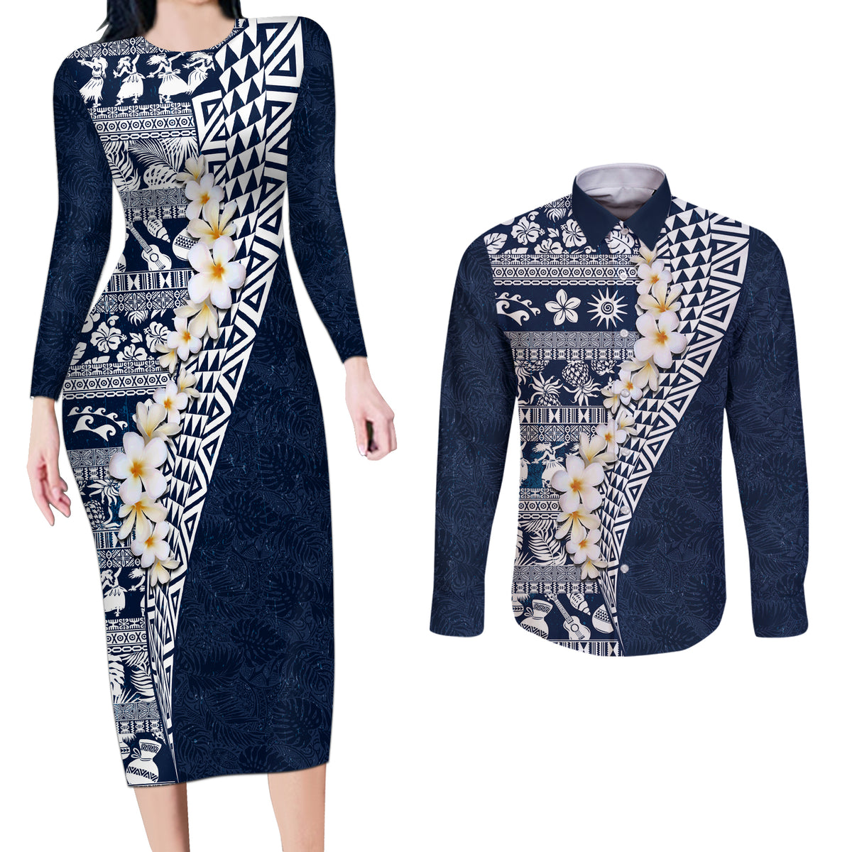 Hawaii Plumeria Tribal Vintage Couples Matching Long Sleeve Bodycon Dress and Long Sleeve Button Shirt Special Blue LT03 Blue - Polynesian Pride