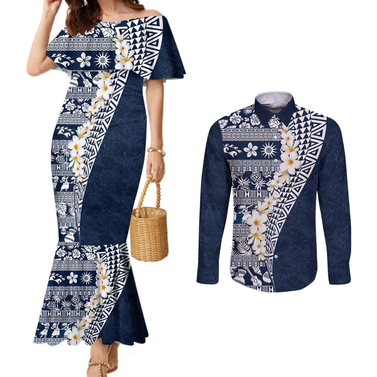 Hawaii Plumeria Tribal Vintage Couples Matching Mermaid Dress and Long Sleeve Button Shirt Special Blue LT03 Blue - Polynesian Pride
