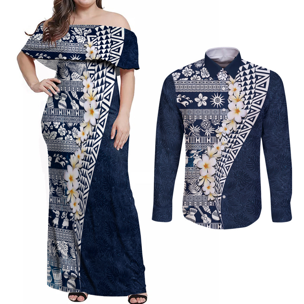 Hawaii Plumeria Tribal Vintage Couples Matching Off Shoulder Maxi Dress and Long Sleeve Button Shirt Special Blue LT03 Blue - Polynesian Pride