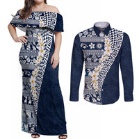 Hawaii Plumeria Tribal Vintage Couples Matching Off Shoulder Maxi Dress and Long Sleeve Button Shirt Special Blue LT03 Blue - Polynesian Pride