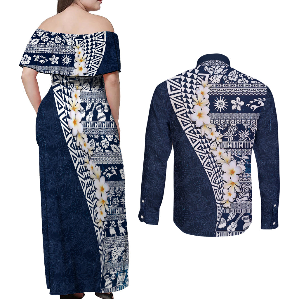 Hawaii Plumeria Tribal Vintage Couples Matching Off Shoulder Maxi Dress and Long Sleeve Button Shirt Special Blue LT03 - Polynesian Pride