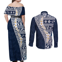Hawaii Plumeria Tribal Vintage Couples Matching Off Shoulder Maxi Dress and Long Sleeve Button Shirt Special Blue LT03 - Polynesian Pride