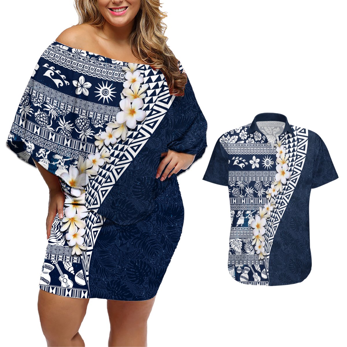 Hawaii Plumeria Tribal Vintage Couples Matching Off Shoulder Short Dress and Hawaiian Shirt Special Blue LT03 Blue - Polynesian Pride