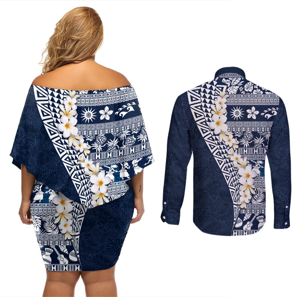 Hawaii Plumeria Tribal Vintage Couples Matching Off Shoulder Short Dress and Long Sleeve Button Shirt Special Blue LT03 - Polynesian Pride
