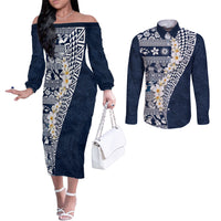 Hawaii Plumeria Tribal Vintage Couples Matching Off The Shoulder Long Sleeve Dress and Long Sleeve Button Shirt Special Blue LT03 Blue - Polynesian Pride